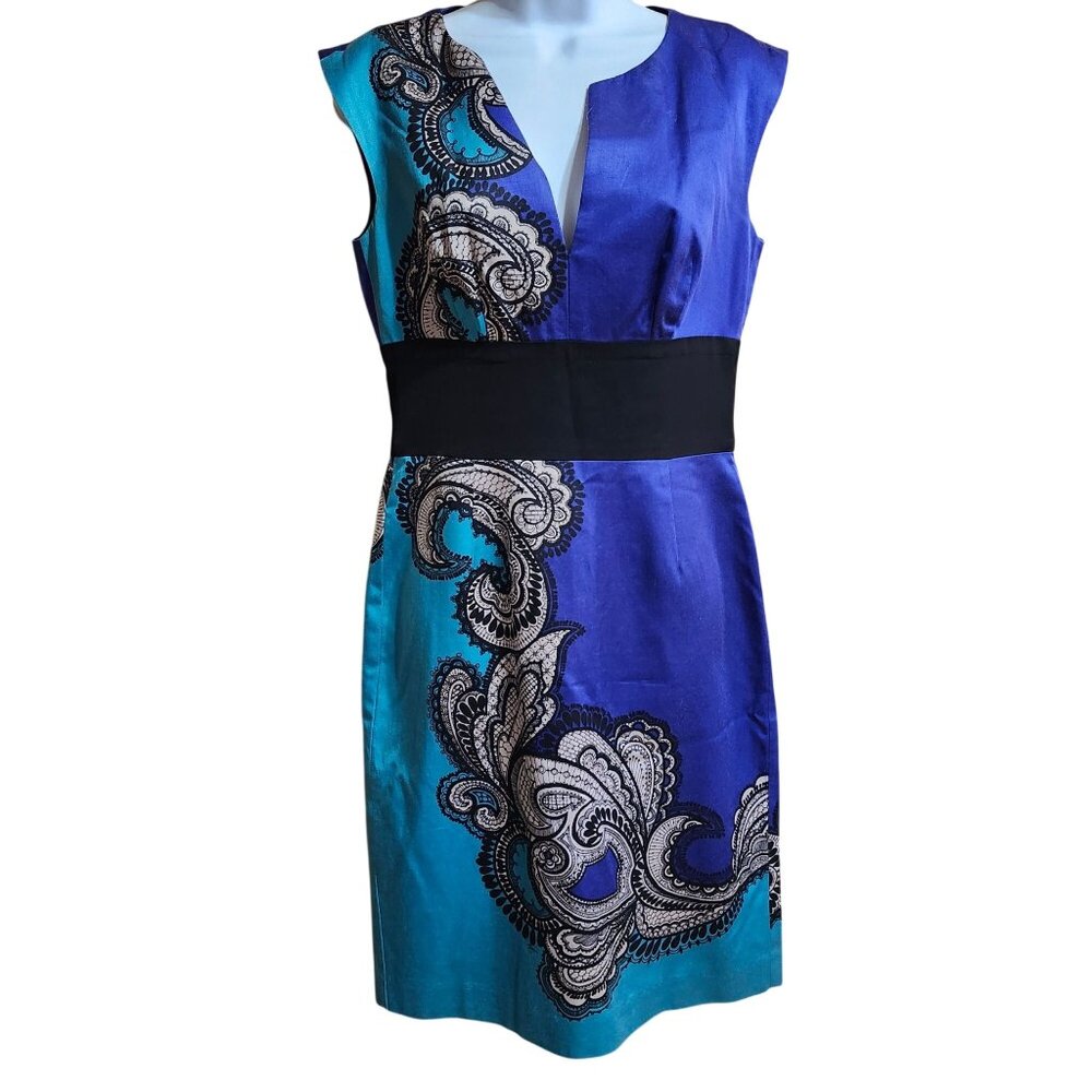 Trina Turk Women’s Size 4 Silk Blend Sleeveless V-Neck Paisley Dress Blue Black